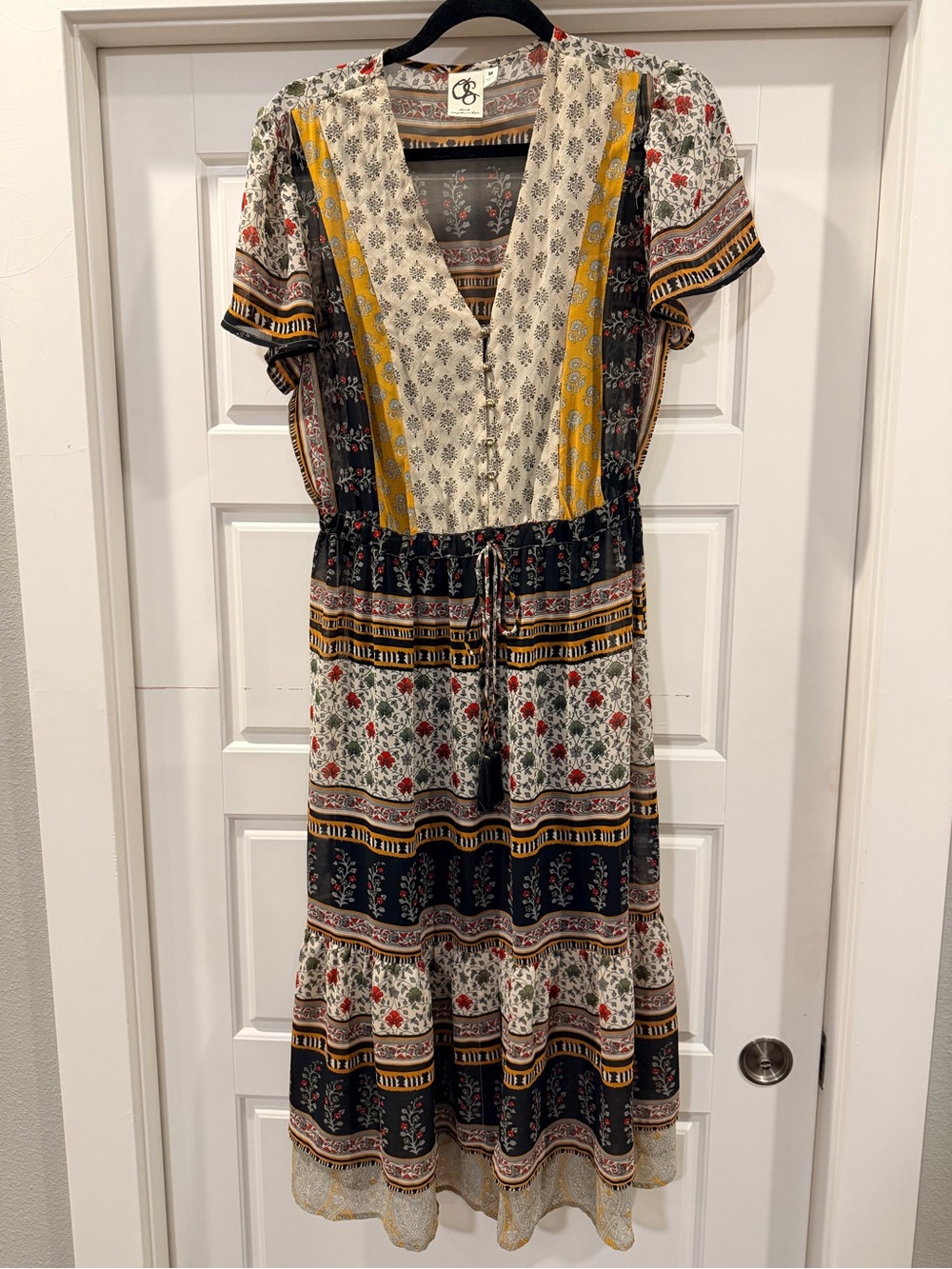 Anthropologie sz M Boho Midi Dress in Black, Cream & Yellow Floral Print
